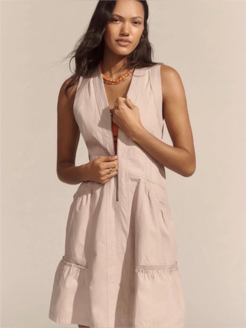 Sleeveless Taupe Zip-Front Tiered Mini Dress